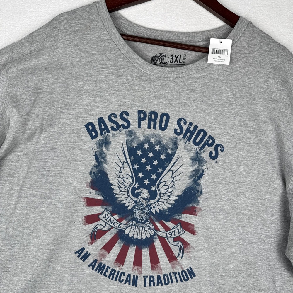 NEW Bass Pro Shops Mens 3XL Heather Grey Patriotic Eagle American Flag Graphic